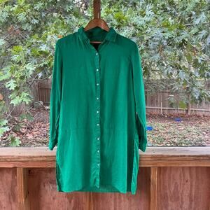 Tahari Women's Green Button Front Tunic Top 100% Linen Size M